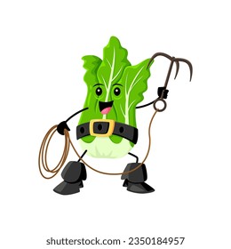 Cartoon chinese cabbage pirate and corsair vegetable character. Isolated vector playful raw farm veggies personage with a mischievous grin, wielding a grappling hook, ready for an adventurous voyage