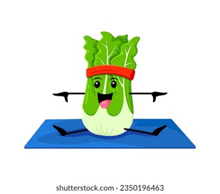 Cartoon chinese cabbage vegetable character on yoga fitness sport. Funny vector nutritious veggies sitting on mat, doing asana pose, promoting a healthy lifestyle and physical activity to all ages