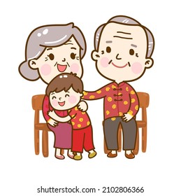 Cartoon Chinese Couple Hug Kids.