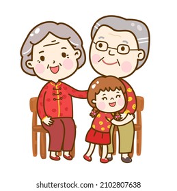 Cartoon Chinese Couple Hug Kids.