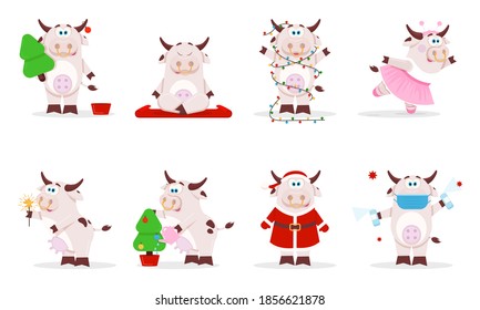 Cartoon chinese cow 2021. Animal bull 2021, cow year. Happy chinese new year 2021, year of ox. Color bulls chinese new year symbol. Vector illustration