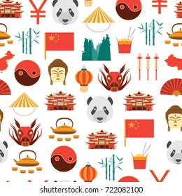 Cartoon Chinese Culture and Tourism Background Pattern on a White Flat Style Design Elements. Vector illustration