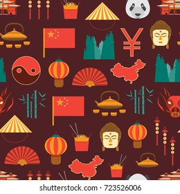 Cartoon Chinese Culture and Tourism Background Pattern on a Red Flat Style Design Elements. Vector illustration