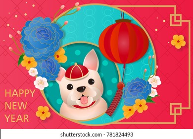 cartoon chinese dog year on the red background