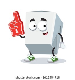 cartoon chinese food box character mascot with the number 1 one sports fan hand glove on a white background