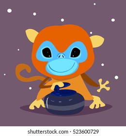 Cartoon Chinese Golden Monkey Playing Curling