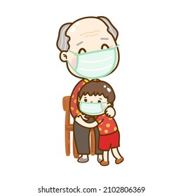 Cartoon Chinese grandfather hug kids.