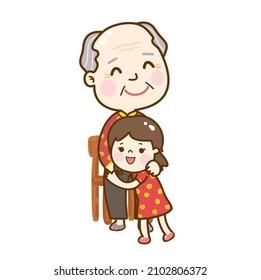 Cartoon Chinese grandfather hug kids.