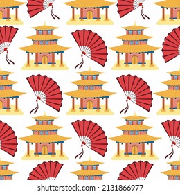 Cartoon chinese house seamless pattern. Chinese symbols of the coin with hieroglyphs, yin-yang, red fan, lanterns. Traditional signs