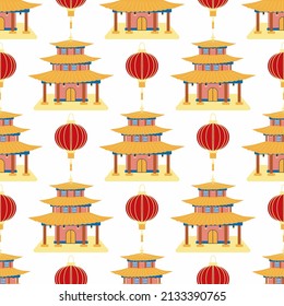 Cartoon chinese house seamless pattern. Chinese symbols of the coin with hieroglyphs, yin-yang, red fan, lanterns. Traditional signs