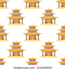 Caricatura de la casa china sin costuras. Símbolos chinos de la moneda con jeroglíficos, yin-yang, fanático rojo, linternas. Signos tradicionales