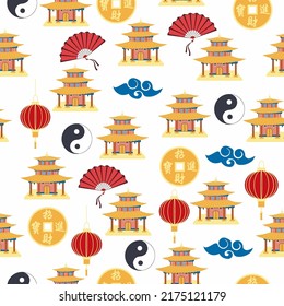 Cartoon chinese house seamless pattern. Chinese symbols of the coin with hieroglyphs, yin-yang, red fan, lanterns. Traditional signs