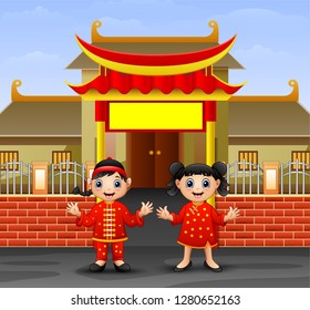 Cartoon chinese kids in front of the temple