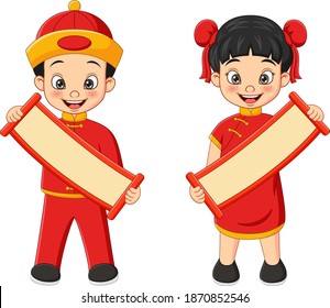 Cartoon chinese kids holding a blank sign