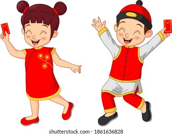 Cartoon chinese kids holding a envelopes