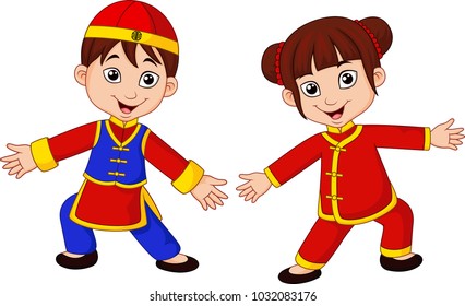 Cartoon Chinese kids with traditional costume