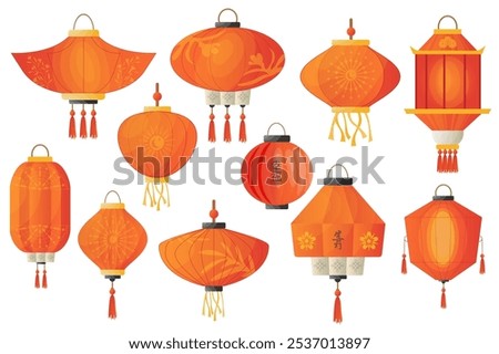 Cartoon chinese lanterns mega set elements in flat graphic design. Collection objects of different shapes hanging red lanterns, tradition festival paper lamps with ornaments. Vector illustration.