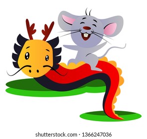 Cartoon-chinesische Maus und Drachenvektorgrafik auf weißem Hintergrund