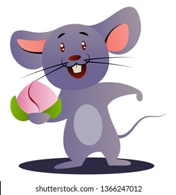 Cartoon chinese mouse holding flower vector illustration on white background