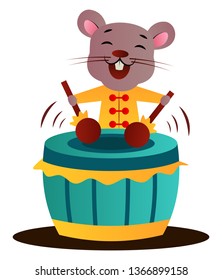 Cartoon chinese mouse playing drums vector illustration on white background