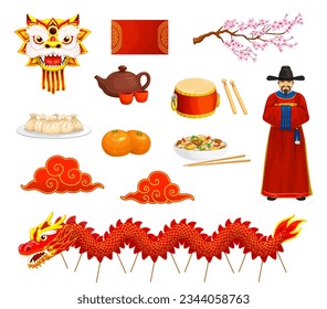 Cartoon Chinese new lunar year characters and items, China holiday vector symbols. Chinese lunar new year decorations and celebration items of dragon mask, mandarine, dumplings food, drum and clouds