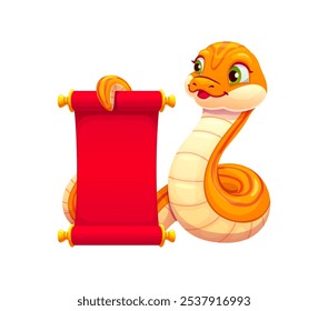 Cartoon Chinese new lunar year snake character holding a red scroll with a friendly expression and large green eyes. Isolated vector reptile with an orange colored body, conveying a playful Cny mood