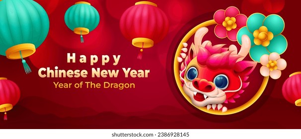 Cartoon Chinese new year horizontal banner with cute little dragon and hanging lantern