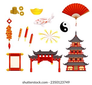 Cartoon Chinese New Year or lunar year and holiday vector symbols of lantern and decorations. Chinese New Year festival icons of gold coins and koi fish of luck, fan and pagoda with petard fireworks