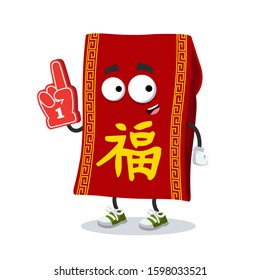 cartoon Chinese New Year Red Envelope character mascot with the number 1 one sports fan hand glove on a white background