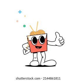 Cartoon chinese noodle stands and shows thumb up with hand. Chinese food delivery concept. Chinese noodles pack stylized character with big eyes.Food stock vector illustration.Isolated background.