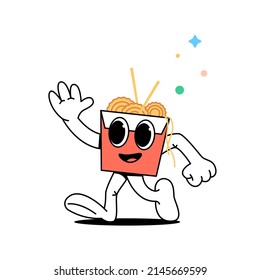 Cartoon chinese noodles walking and waving cheerfully in greeting. Chinese food delivery concept. Chinese noodles pack stylized character with big eyes.Food stock vector illustration.White background.