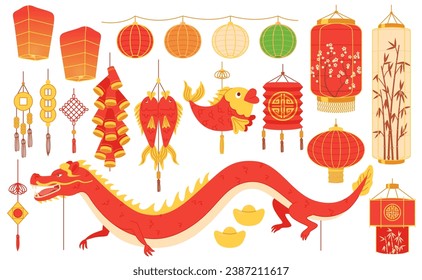 Cartoon Chinese suspended and flying lanterns. Traditional holiday decorations. New Year red paper lamp shapes. Golden tassels. Oriental lighting. Dragon and fish. Recent