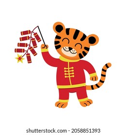 Cartoon chinese tiger in red suit holding chinese firecracker. Vector illustration.