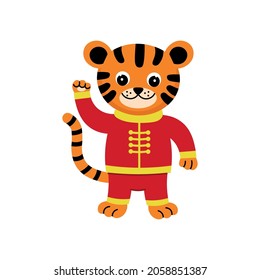 Cartoon chinese tiger in red suit.Vector illustration.