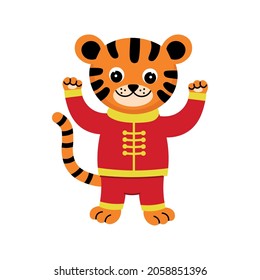 Cartoon chinese tiger in red suit.Vector illustration.