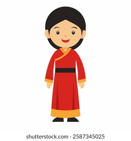 cartoon Chinese woman in traditional clothing.Suitable for children's books, sticker,t shirt design, mascot, logo. Isolated on white background. Front view. Vector illustration. 