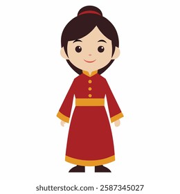 cartoon Chinese woman in traditional clothing.Suitable for children's books, sticker,t shirt design, mascot, logo. Isolated on white background. Front view. Vector illustration. 