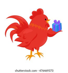 Cartoon chinese zodiac fire rooster. Vector illustration for holiday design. 2017 New year symbol. Red color. China lunar decoration. Oriental sign. Traditional cock. Crowing chicken bird.