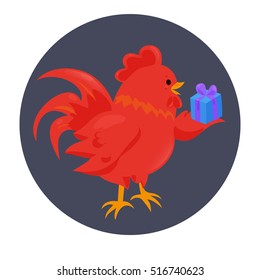 Cartoon chinese zodiac fire rooster. Vector illustration for holiday design. 2017 New year symbol. Red color. China lunar decoration. Oriental sign. Traditional cock. Crowing chicken bird.