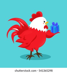 Cartoon chinese zodiac fire rooster. Vector illustration for holiday design. 2017 New year symbol. Red color. China lunar decoration. Oriental sign. Traditional cock. Crowing chicken bird.