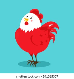 Cartoon chinese zodiac fire rooster. Vector illustration for holiday design. 2017 New year symbol. Red color. China lunar decoration. Oriental sign. Traditional cock. Crowing chicken bird.