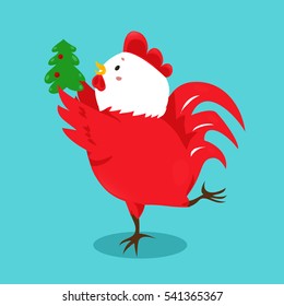 Cartoon chinese zodiac fire rooster. Vector illustration for holiday design. 2017 New year symbol. Red color. China lunar decoration. Oriental sign. Traditional cock. Crowing chicken bird.