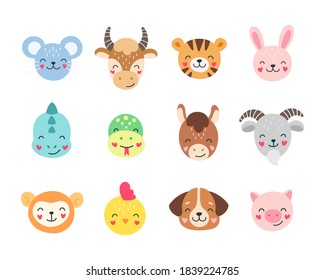 Cartoon Chinese zodiac. Vector illustration of cute animals isolated on white background.