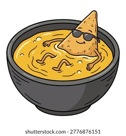 Cartoon chip lounging in cheese, cool sunglasses, fun food illustration, vibrant dip, tasty snack concept.