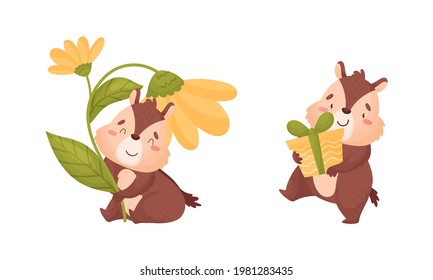 Cartoon Chipmunk Carrying Gift Box and Sitting Under Flower Vector Set