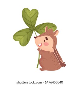 Cartoon chipmunk with clover. Vector illustration on white background.
