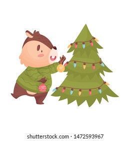 Cartoon chipmunk decorates the Christmas tree. Vector illustration on white background.
