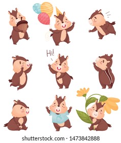 Cartoon chipmunk in different situations. Vector illustration on white background.