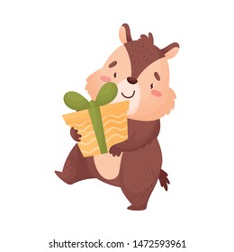Cartoon chipmunk with a gift. Vector illustration on white background.