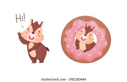 Cartoon Chipmunk Greeting and Peeping Out from Doughnut Vector Set